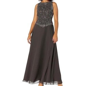 J Kara Women's Petite Long Beaded V Trim Detail Dress with Scarf 10 petite